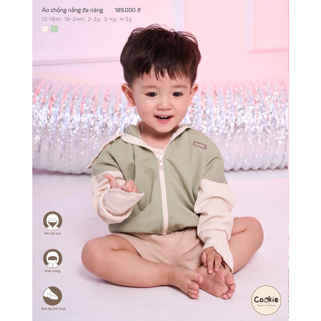 Áo chống nắng đa năng Cookie liền mũ lưỡi trai, khẩu trang, bao tay đóng mở, 100% cotton, size 12 tháng - 5 tuổi