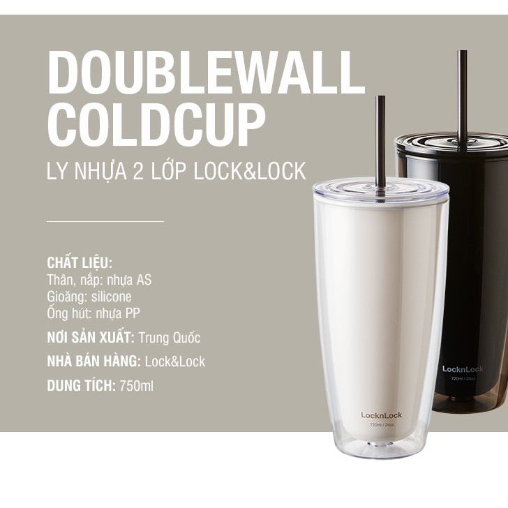 Ly nhựa 2 lớp Lock&amp;Lock kèm ống hút 750ml HAP507