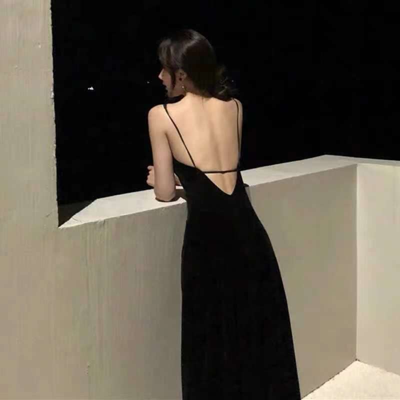 Đầm Dài Hai Dây Màu Đen Quyến Rũ Thời Trang Mùa Hè Cho Nữ