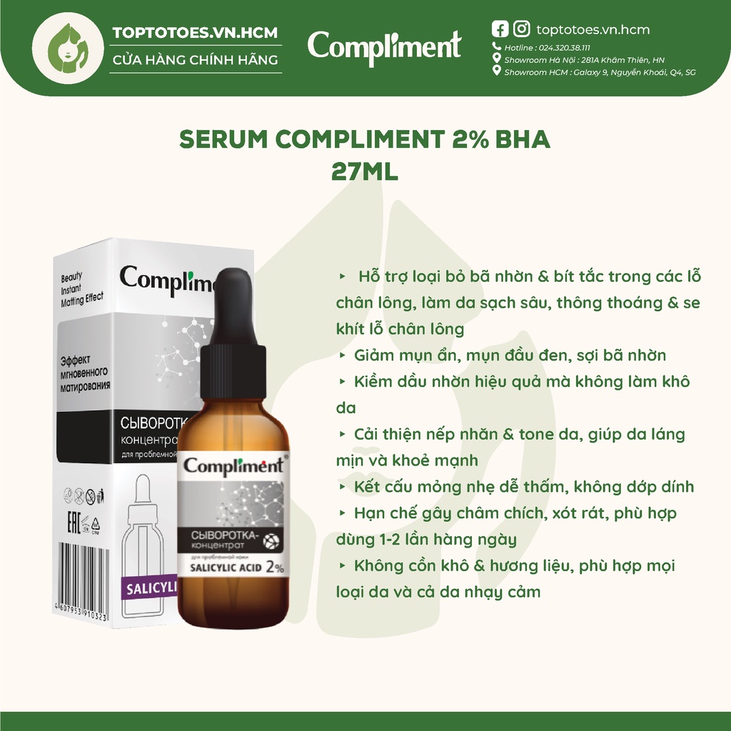 Serum Compliment 2% BHA làm sạch sâu, giảm mụn, se lỗ chân lông, kiềm dầu