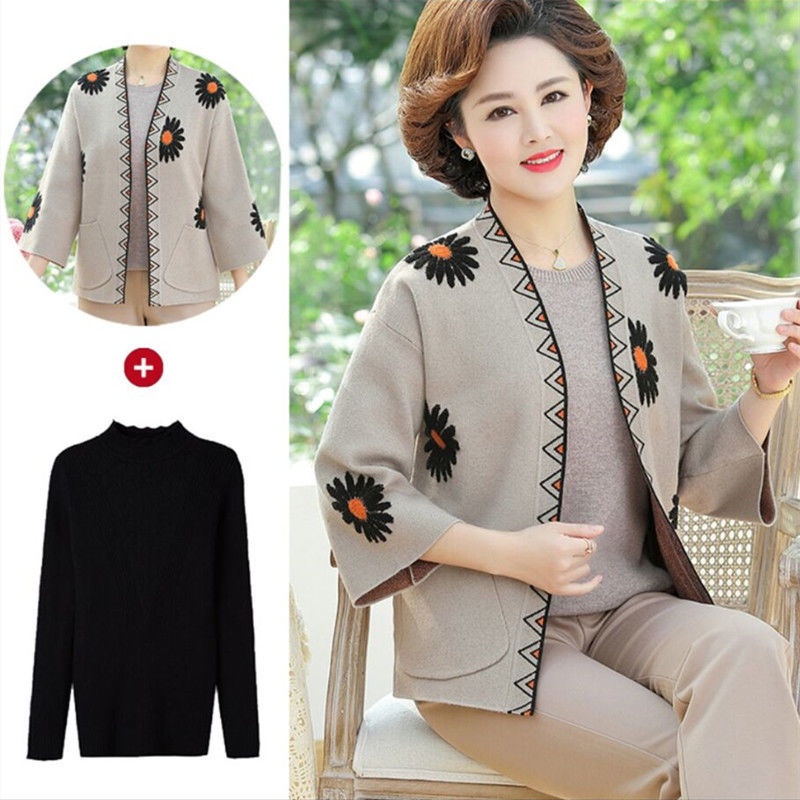 Áo khoác mùa xuân và mùa thu của mẹ mới 40 tuổi 50 phụ nữ trung niên và cao tuổi dệt kim Áo khoác mùa xuân và mùa thu rộ
