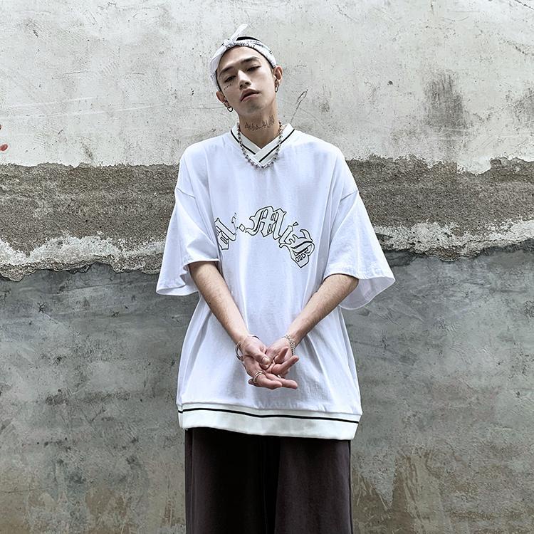 [F &amp; X] Áo Thun Bóng Chày Tay Ngắn Cổ Chữ V Dáng Rộng vintage Bằng Cotton Nguyên Chất Dành Cho Nam Nữ
