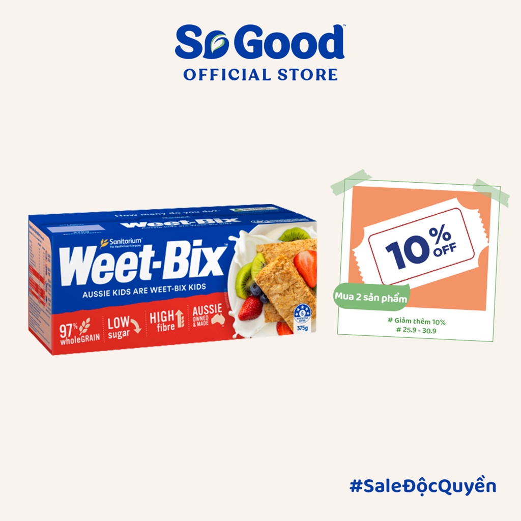 Bánh ngũ cốc ăn sáng WEET - BIX Úc 375g lúa mì nguyên hạt giàu chất xơ, ít đường không cholesterol