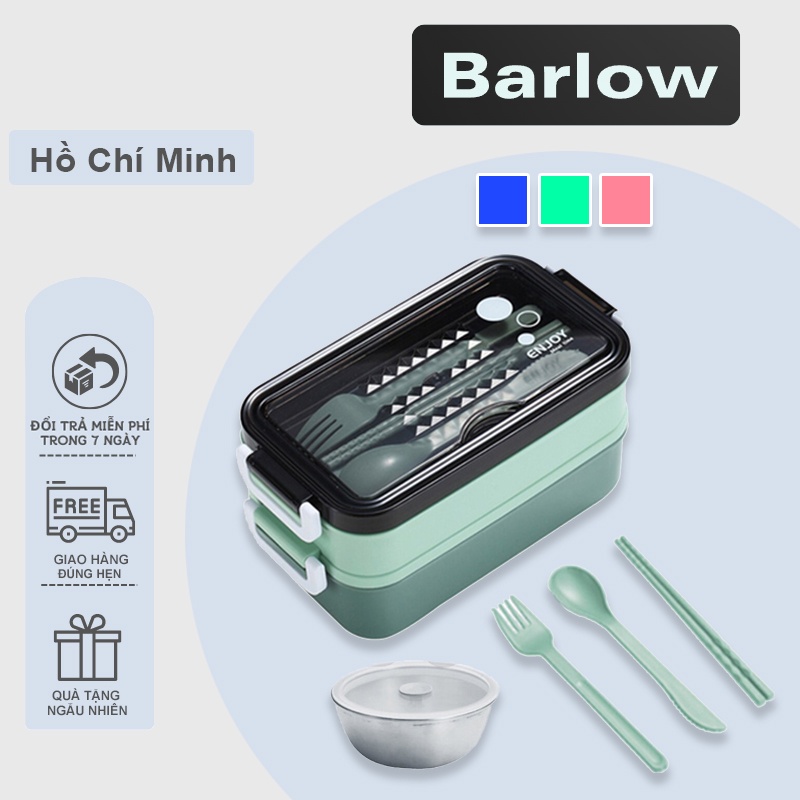 Hộp Đựng Cơm Giữ Nhiệt 2 Tầng Inox 304 Trực Tiếp Lò Vi Sóng, Kèm Bộ Thìa Đũa Nĩ - Barlow Store