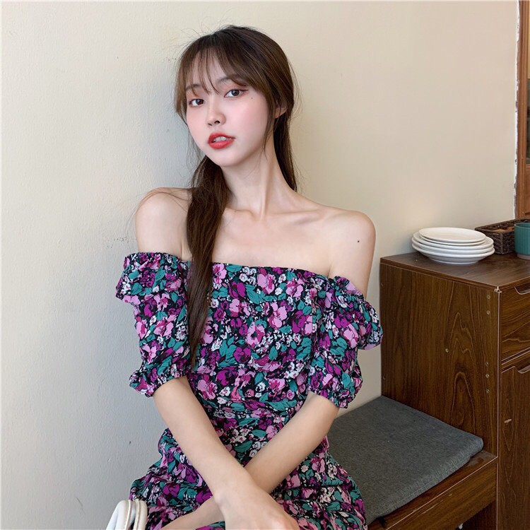 Váy nữ cổ vuông xẻ tà hoạ tiết hoa tím