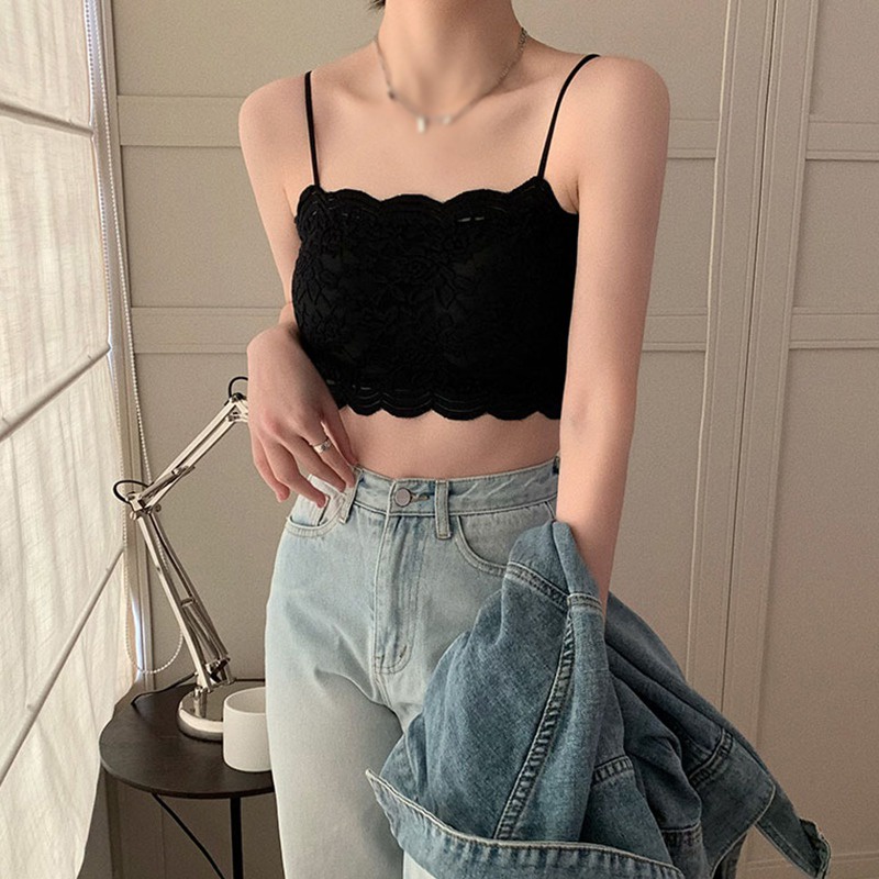 Áo Tank Top Hai Dây Có Mút Đệm Ngực Dáng Ôm Phối Ren Thời Trang Quyến Rũ Cho Nữ