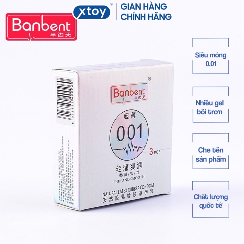 Bao cao su BANBENT 001 thin and smooth siêu mỏng, gốc nước, nhiều gel, hương thơm Hộp 3 bcs
