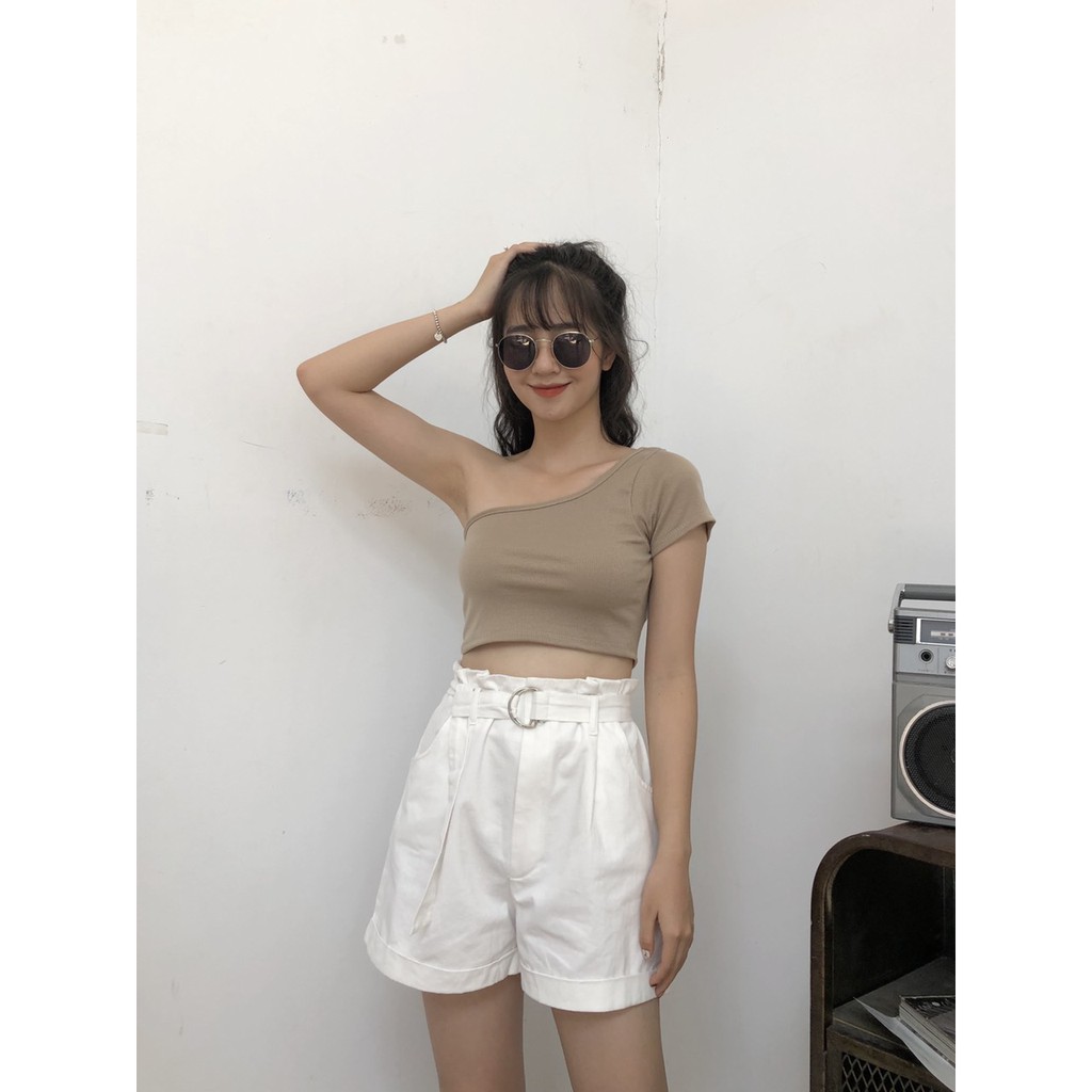 Croptop Len Tăm Lệch Vai Nữ [FREESHIP]🌸 Áo phông thun gân nhỏ cộc tay basic trơn màu Đen | Trắng | Nâu | Tím Ulzzang 🌸