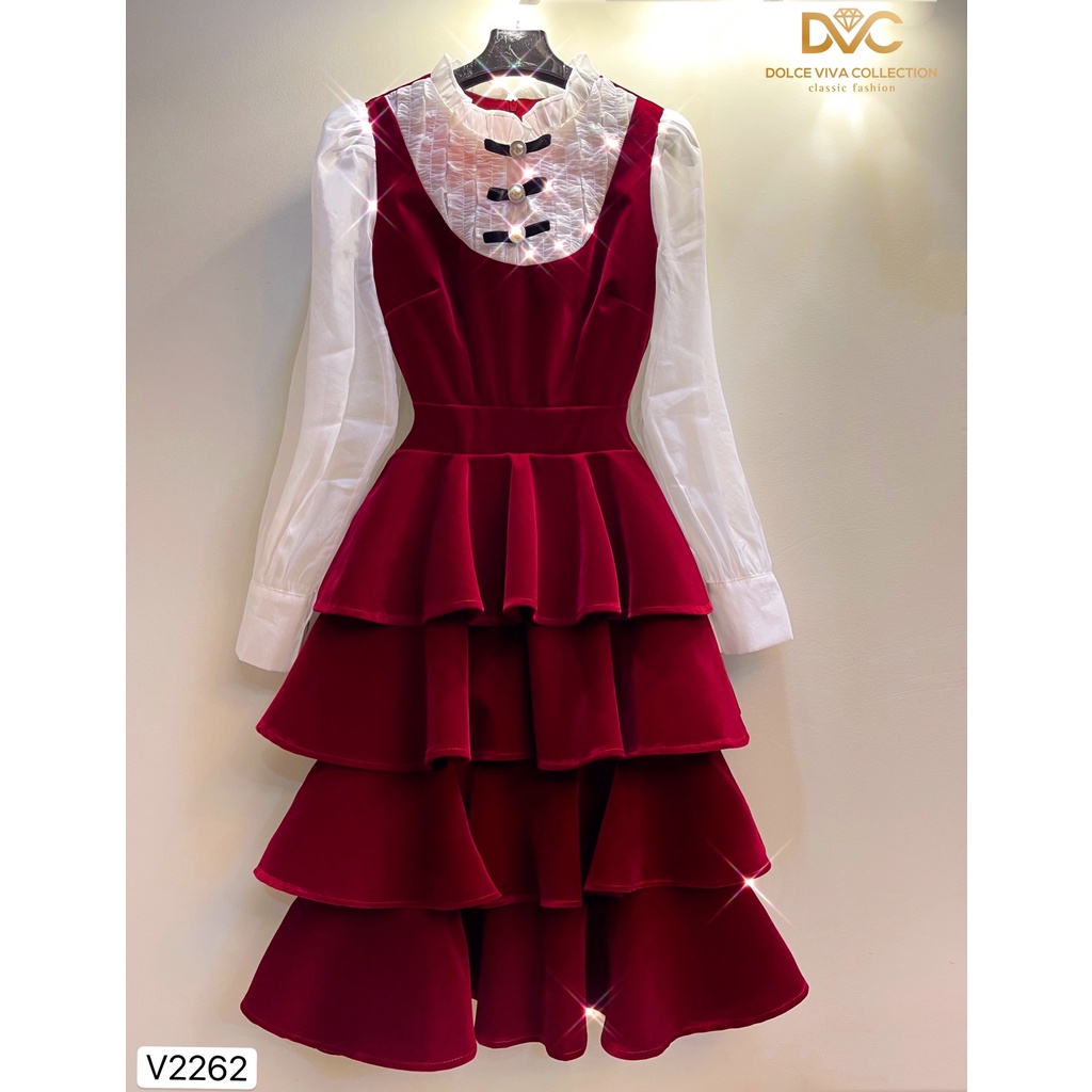 Váy nhung đỏ xếp tầng V2262  - DOLCE VIVA COLLECTION