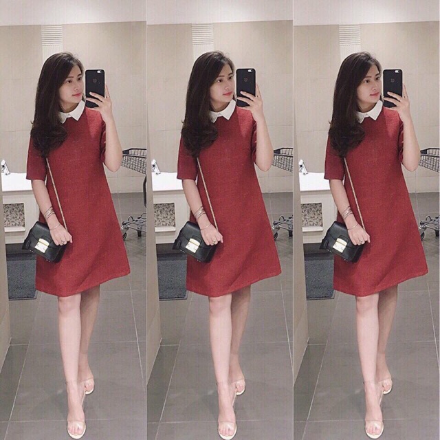 Váy suông muối tiêu cổ sơ mi