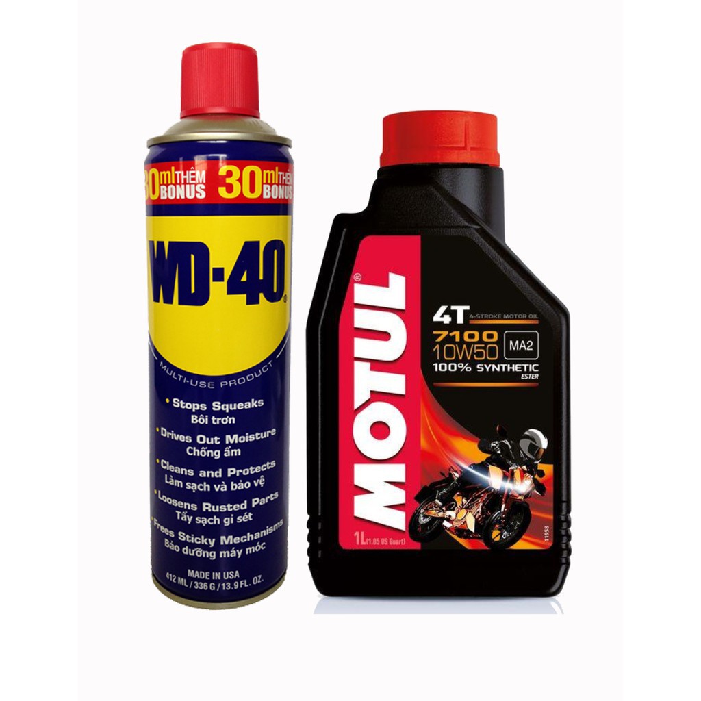 Combo nhớt tổng hợp xe máy mô tô Motul 7100 10W50 1L và chai xịt chống rỉ, bôi trơn WD-40 412ml