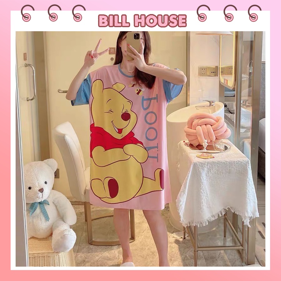 Váy ngủ nữ cộc tay dáng suông bigsize chất cotton mềm mát họa tiết nhân vật hoạt hình dễ thương VN07