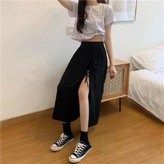 Chân váy đen lưng cao co giãn xẻ tà phối ren thanh lịch dễ phối đồ