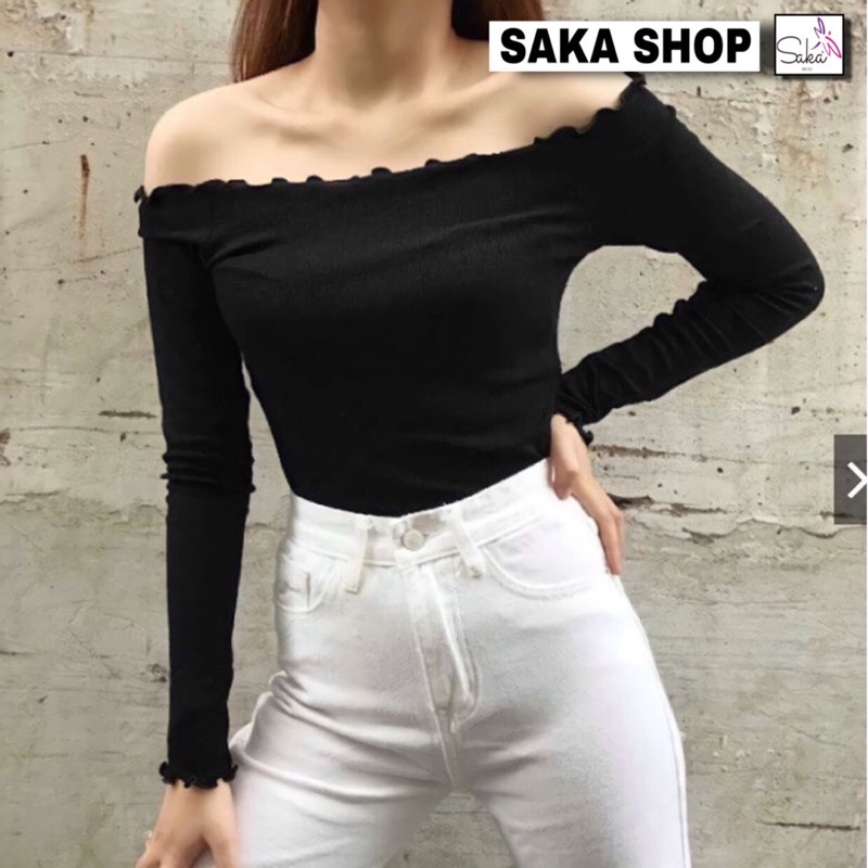 Áo croptop nữ trễ vai tay dài cuốn biên nhiều màu