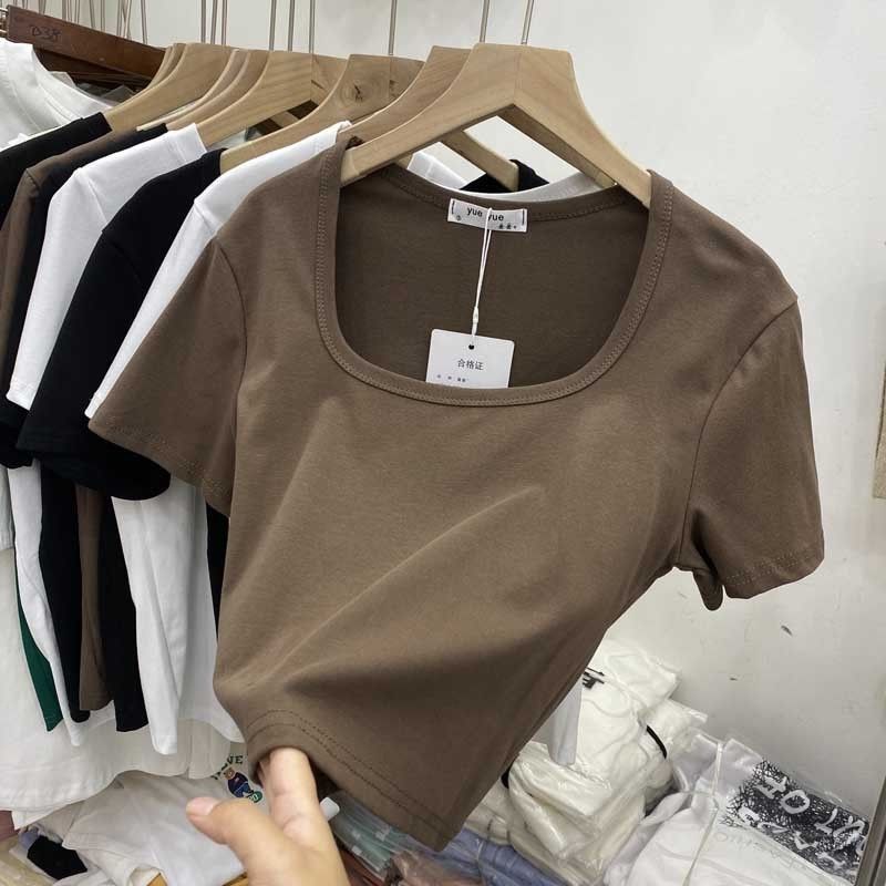 Áo Thun Tay Ngắn Cổ Vuông Màu Sắc Đơn Sắc Thời Trang Mùa Hè Quyến Rũ Cho Nữ