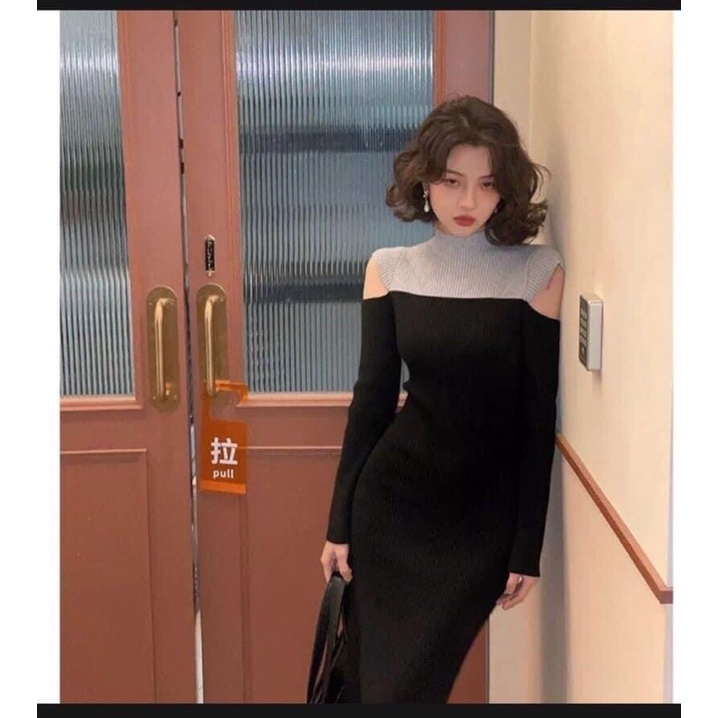 FF1140 Đầm thun ôm body phối màu cut out khoét 2 vai, xẻ tà sau