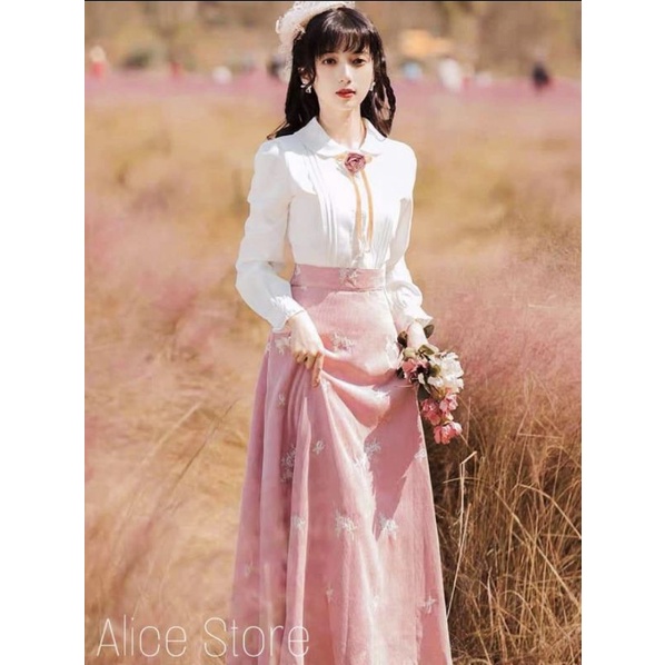 Đầm tiểu thư sơmi trắng kem - váy nhung hồng thiêu hoa cao cấp