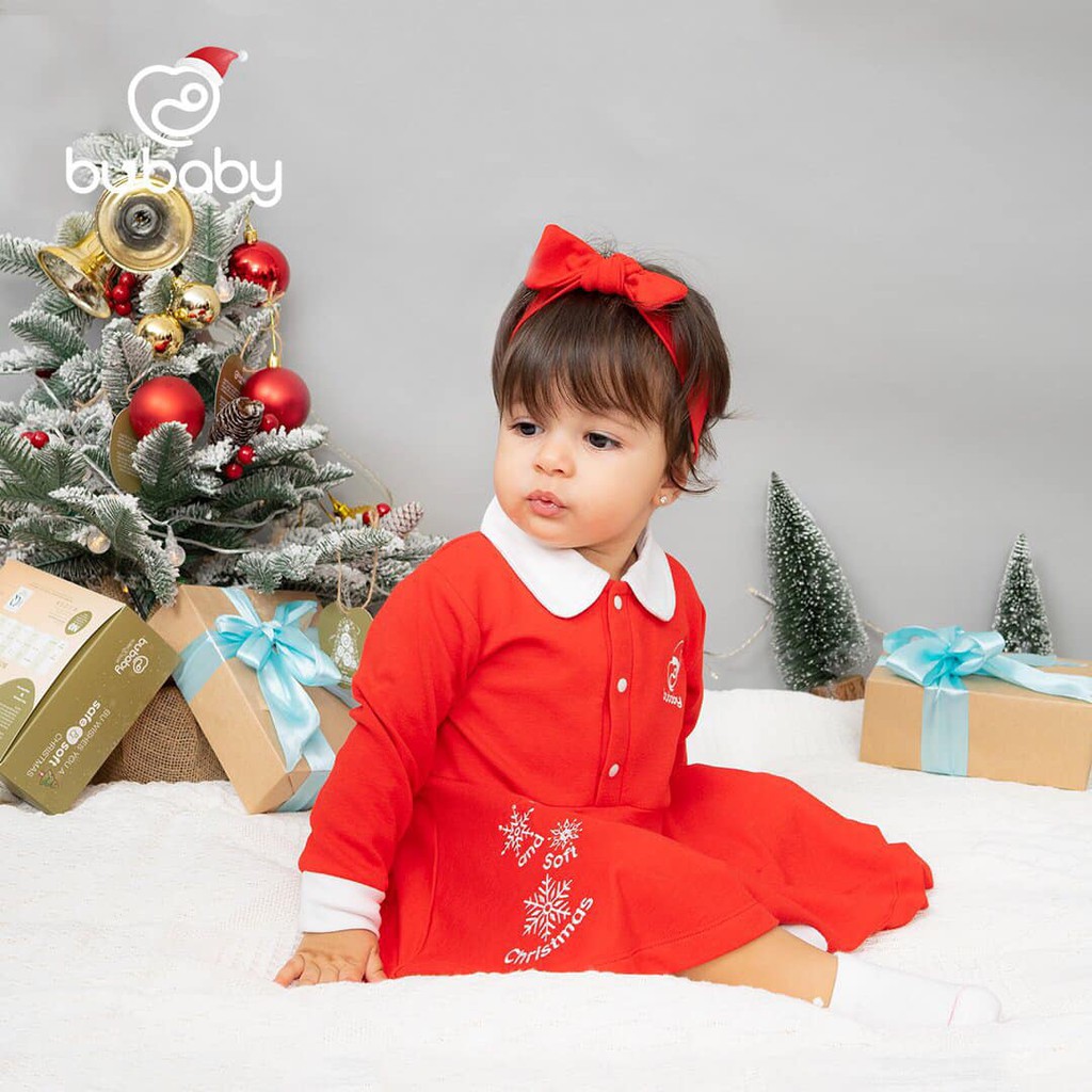 [Merry Christmas] Váy jingle đỏ kèm băng đô cotton sợi tre cao cấp bé gái BU