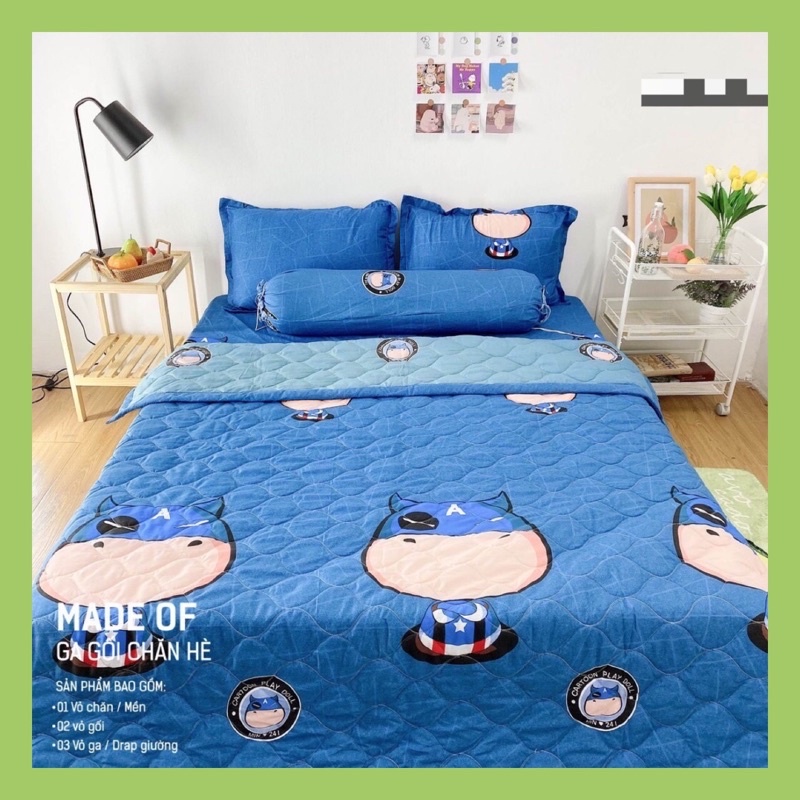 Bộ chăn ga gối Cotton 3D hè - Bộ ga giường chăn trần bông mùa hè mềm mịn MIỄN PHÍ bo chun