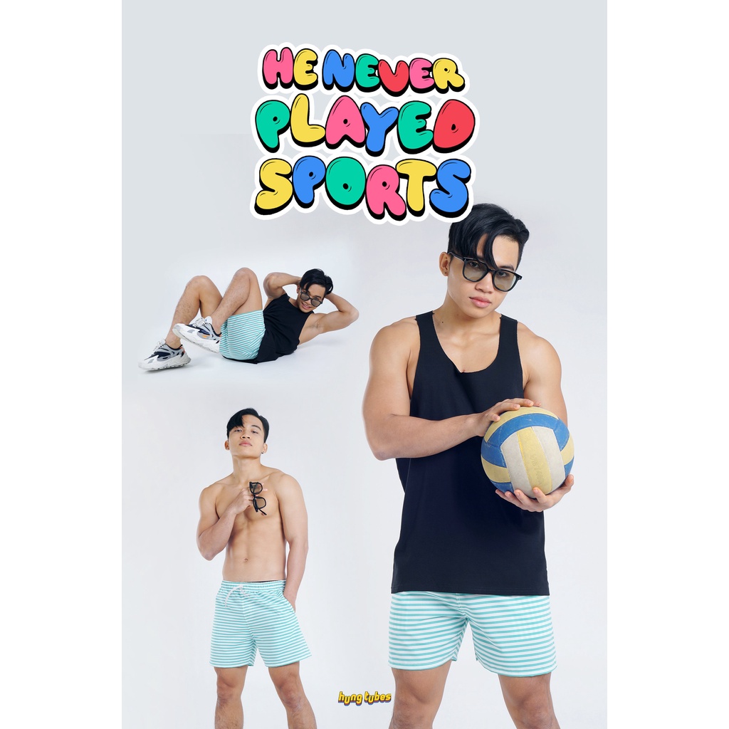 Ba lỗ đen không đường may chất cotton, Quần sọc đi biển Hungtubes.