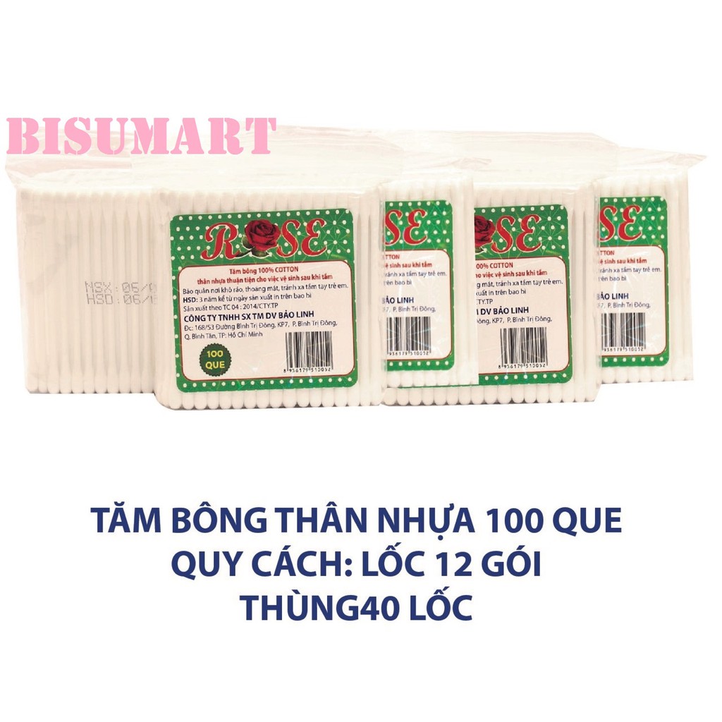 Tăm bông, Bông ráy tai lõi nhựa ROSE (Bịch 100 que)