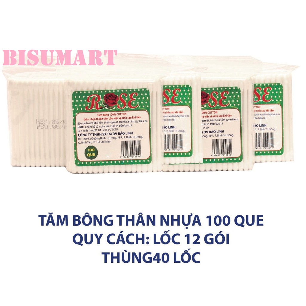 Tăm bông, bông ráy tai lõi nhựa ROSE Bịch 100 que