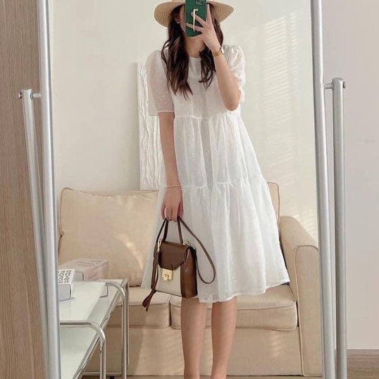 Váy babydoll suông dài, đầm nữ cộc tay phom rộng họa tiết chấm bi 2 lớp freesize tiểu thư hàn quốc Ylydress C1031