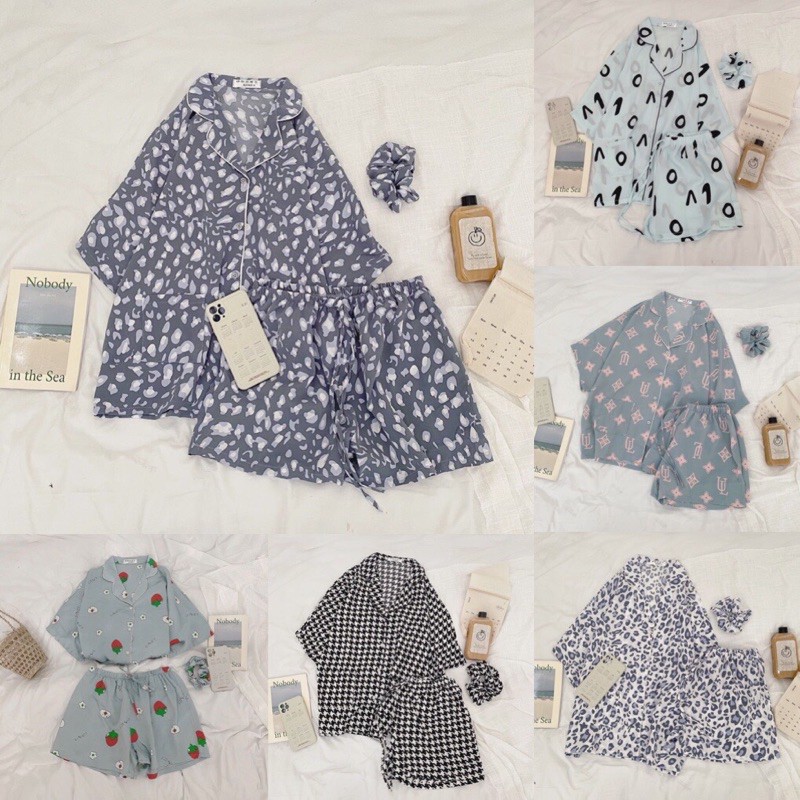 Bộ Ngủ Pijama hoạ tiết nhí , bộ ngủ lụa mango cao cấp( tặng kèm cột tóc cùng màu)