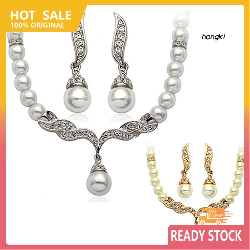 Bộ Dây Chuyền + Khuyên Tai Hình Cánh Thiên Thần Đính Ngọc Trai Mô Phỏng