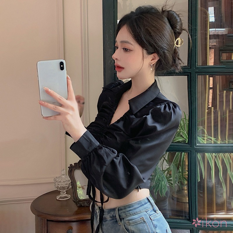 Áo Croptop Tay Dài Cổ Chữ V Màu Sắc Thanh Lịch