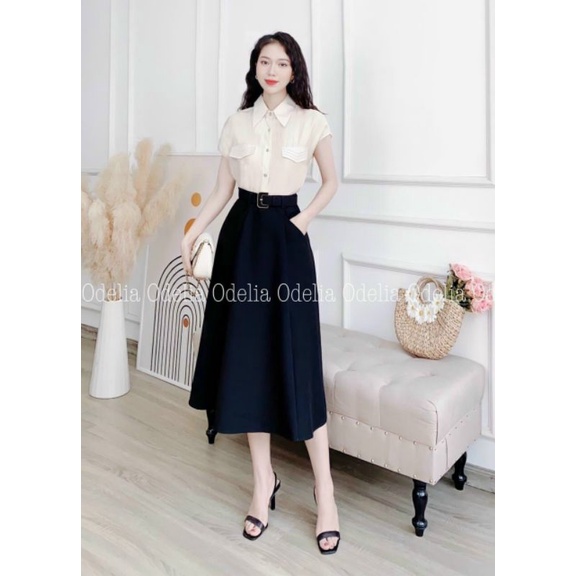 Chân Váy Công Sở Dáng Xòe 2 Túi V Kèm Đai Cao Cấp Phong Cách Trang Trọng, Lịch Sự