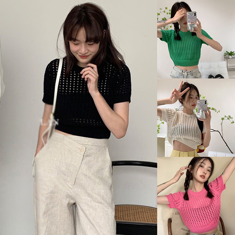 Áo Thun Tay Ngắn Cổ Tròn Màu Sắc Đơn Giản Cho Nữ