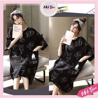 Váy Ngủ Tay Lỡ Đầm Ngủ Cotton Dáng Suông Có Túi Hình Thỏ Cool Ngầu Thời Trang Hè và Thu Xuân Mili Bae (ảnh, clip thật)