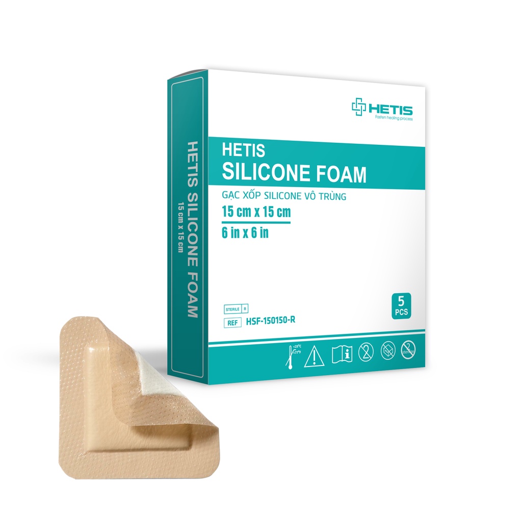 Hộp 10 Miếng Gạc Xốp Vô Trùng HETIS SILICONE FOAM Ngăn Nước, Bảo Vệ Vết Thương Khỏi Vi Sinh Vật Xâm Nhập