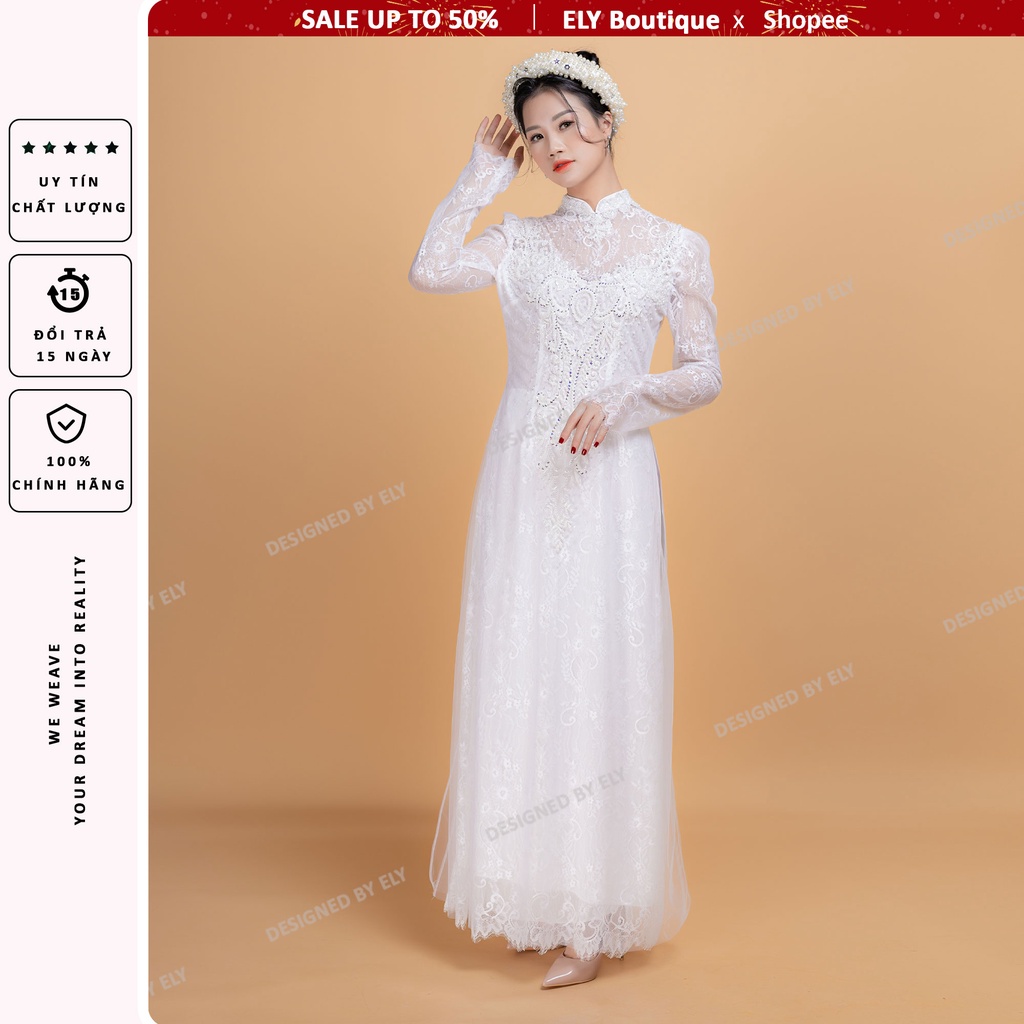 Áo dài cưới truyền thống 3 lớp 6 tà ELY Boutique, áo dài trắng đính kết hạt ELR06