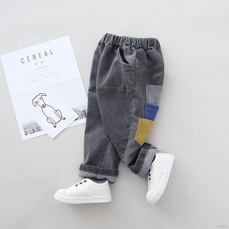 ruiaike  Kids Children Boy Pocket Design Pants Jeans Casual Elastic Waist Trousers For 1-5 Years Old