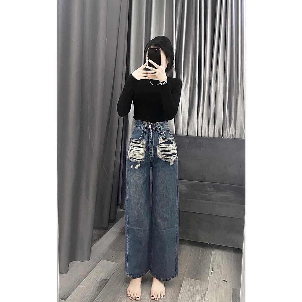 QUẦN JEANS ỐNG RỘNG NỮ LƯNG CAO RÁCH 2 MẢNG TÚI TO XANH ĐẬM LAI CUỐN CỰC HOT HIT SIÊU PHÁ CÁCH