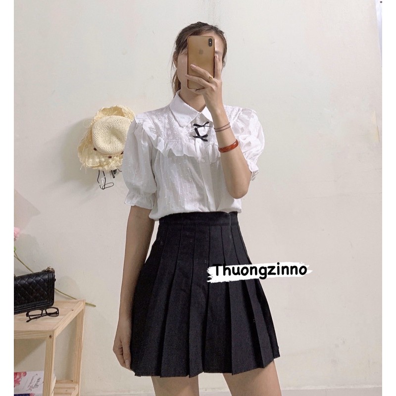 [Ảnh thật/Video]Áo sơ mi trắng JanJi Cổ nơ đen, bo tay áo sơ mi nữ tiểu thư