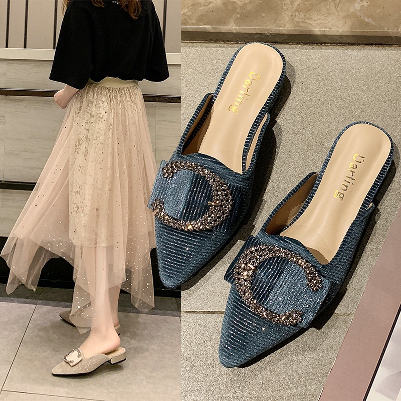 Giày lười đính nút rhinestone và dép lê Baotou nửa kéo thấp gót dày gót nhọn giày mules