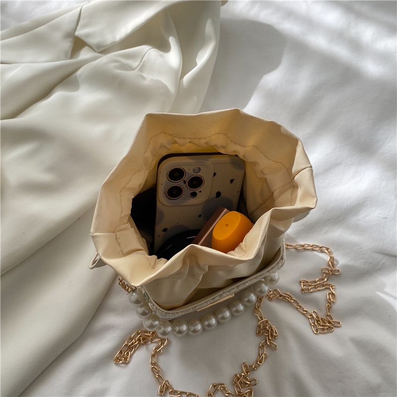 Túi Xách Đeo Vai Hình Vuông Cỡ Nhỏ Đính Ngọc Trai Giả Phối Dây Đeo Sợi Xích Thời Trang Mùa Hè 2023 Cho Nữ