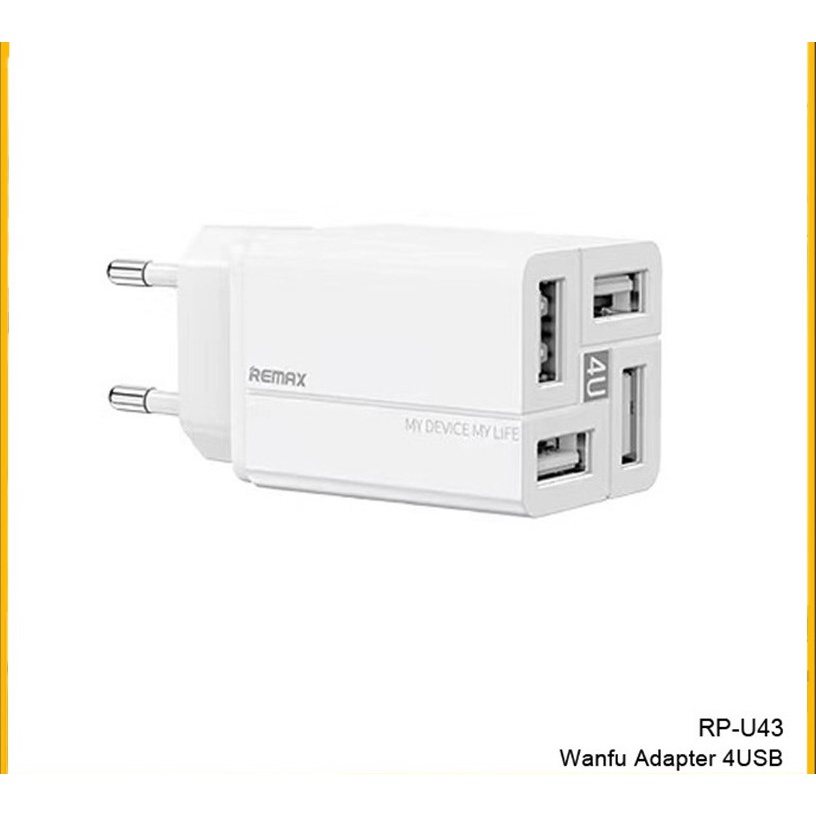 Cốc sạc Củ sạc REMAX RP-U43 nhanh 4 cổng CHỐNG CHÁY NỔ 3.4A - SẠC NHANH Quick Charge 3.4A