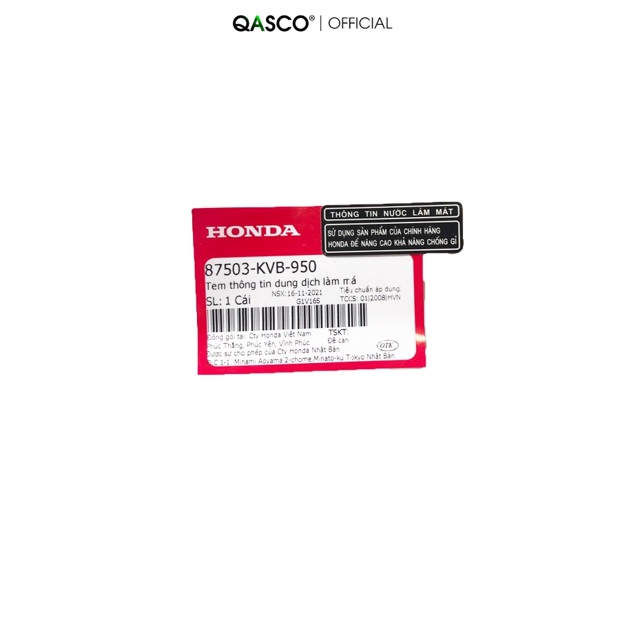 Tem thông tin dung dịch làm má HONDA Air Blade 110 / Click 110 / Lead 110 / SH 125 / SH 150  QA(87503KVB950) _( 491)
