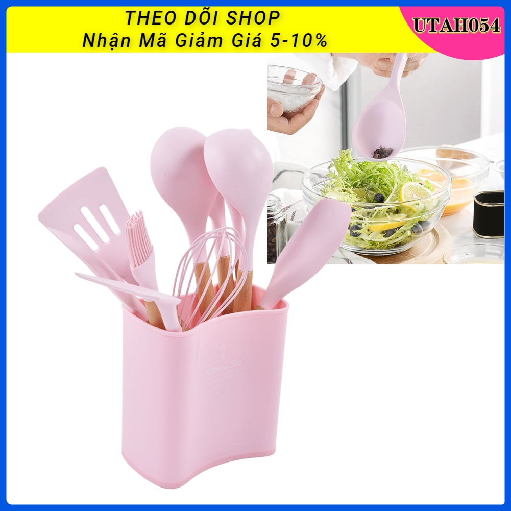 Hàng HOT Bộ dụng cụ nhà bếp, làm bánh, nấu ăn bằng silicon 13 món chịu nhiệt độ cao, chống dính Tay cầm bằng gỗ【Utah054】