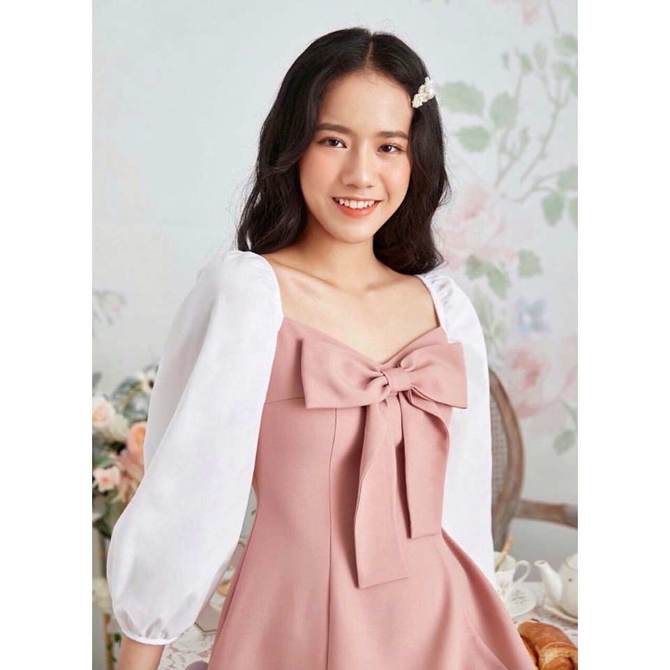 Đầm Hồng Pastel Tay Phối Màu Công Chúa