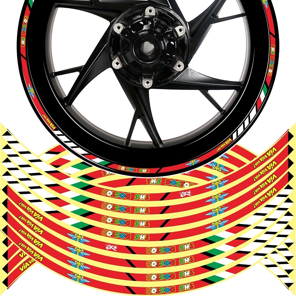 16PCS 17/18 Inch Motorcycle Reflective Rim Wheel Decals The Doctor Wheel Hub Stickers #46 MOTOGB(1 set for 2 wheel)