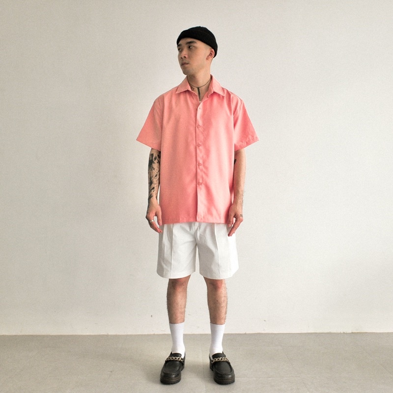 Áo Sơ Mi Ngắn Tay Đơn Giản Nam FVNXY Phom Rộng Ít Nhăn Màu Dâu Nam Tính