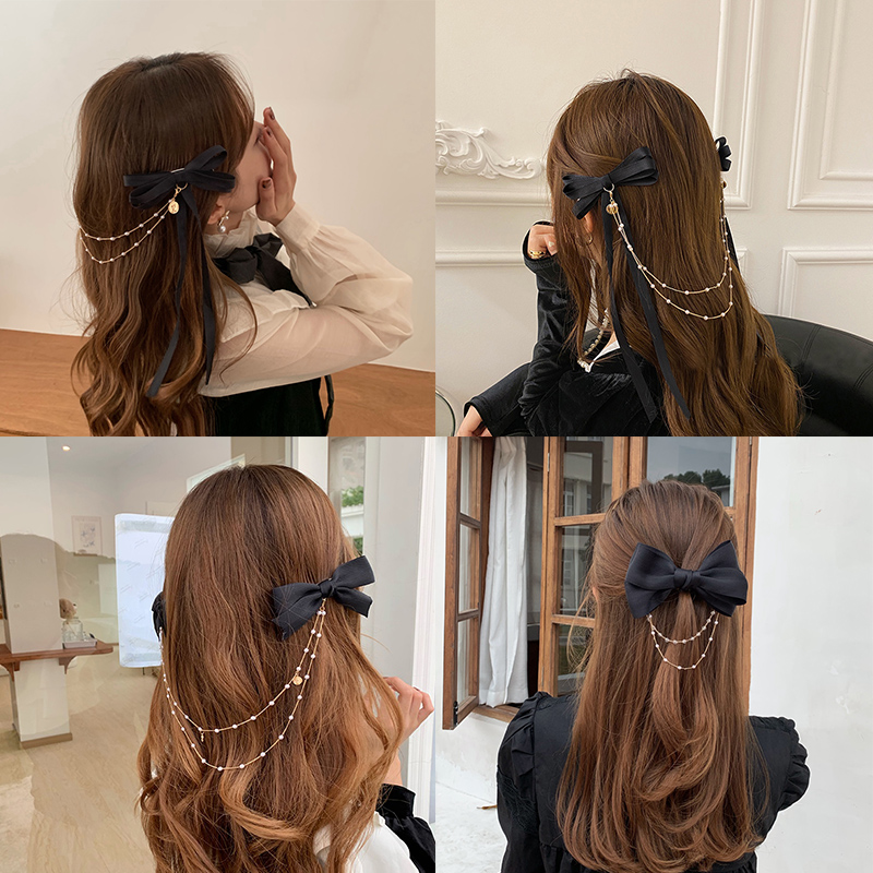 Korean Chain Tassel Pearl Bow Hair Clip