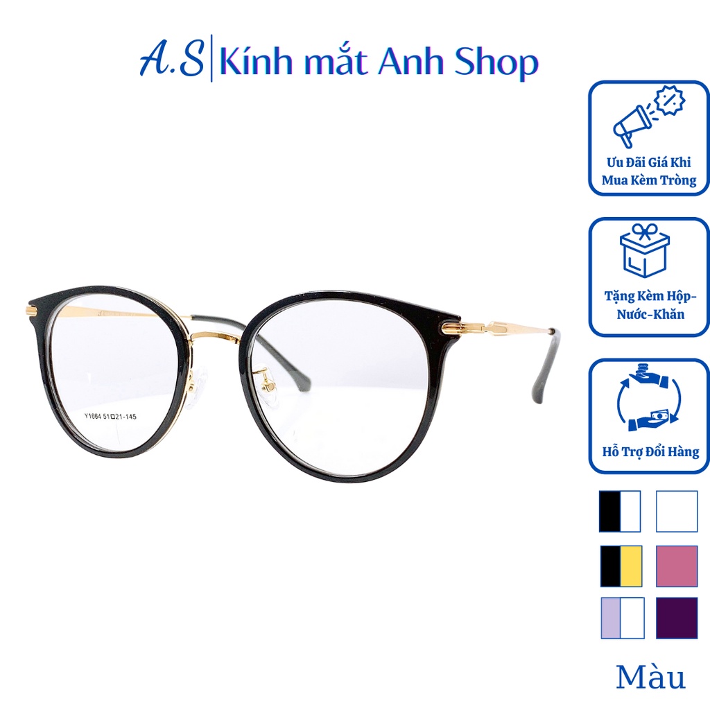 Gọng kính tròn thời trang chất liệu nhựa kết hợp kim loại dày dặn chắc chắn 1664