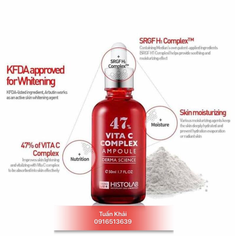 TINH CHẤT DƯỠNG TRẮNG, MỜ THÂM, SE LỖ CHÂN LÔNG HISTOLAB 47% VITA C COMPLEX AMPOULE DERMA SCIENCE