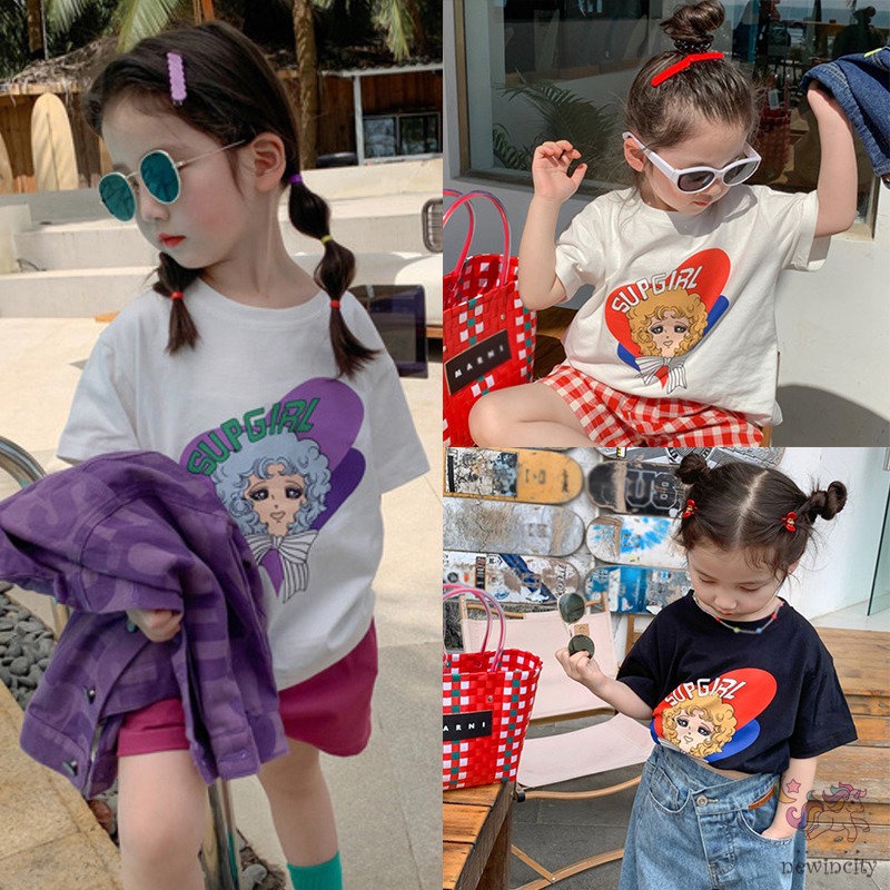 Áo Thun Cotton Tay Ngắn In Họa Tiết Hoạt Hình Phong Cách Hàn Quốc Cho Bé Gái